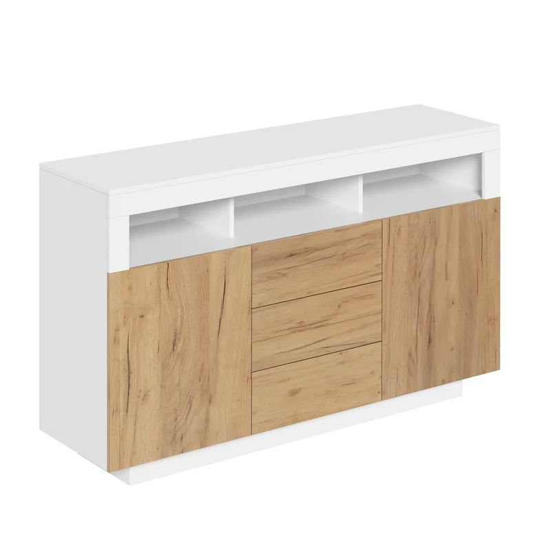 Buffet moderne blanc effet bois naturel avec 3 tiroirs, 2 portes et 3 niches ouvertes MINIMALISTMIRROR