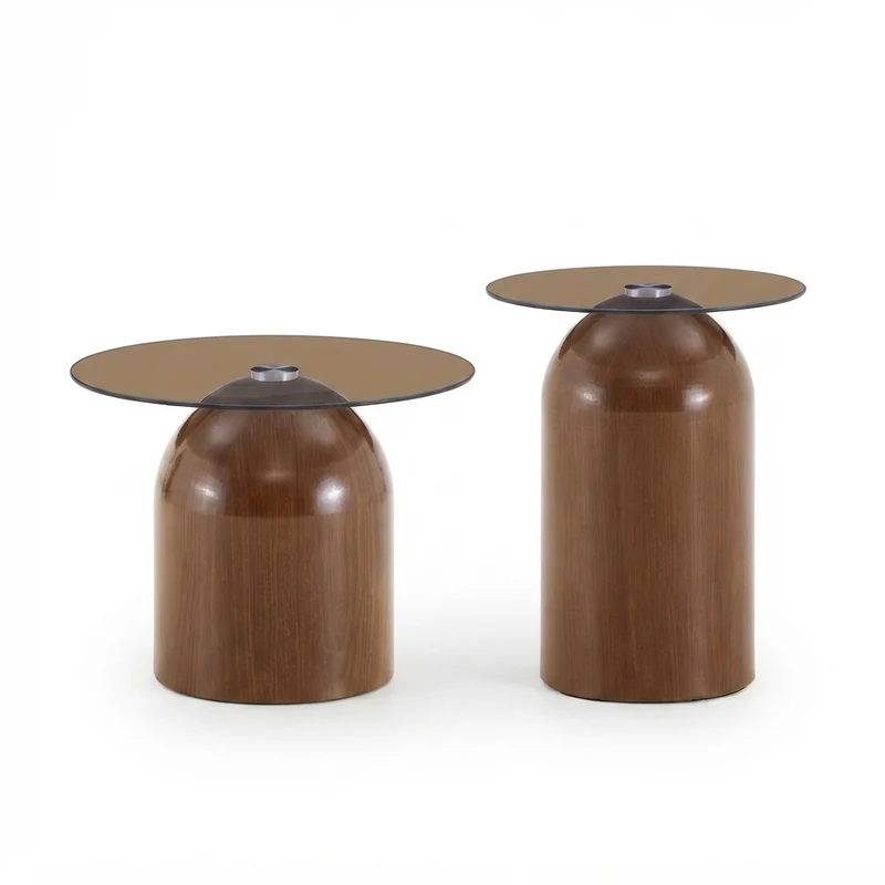 Set de 2 tables basses gigognes cloche en verre trempé et acier effet noyer MINIMALISTELITE