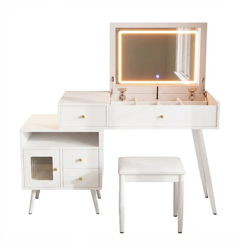 Coiffeuse blanche avec miroir LED 3 couleurs, bureau convertible, tabouret inclus 120cm MINIMALISTDRESSERSET