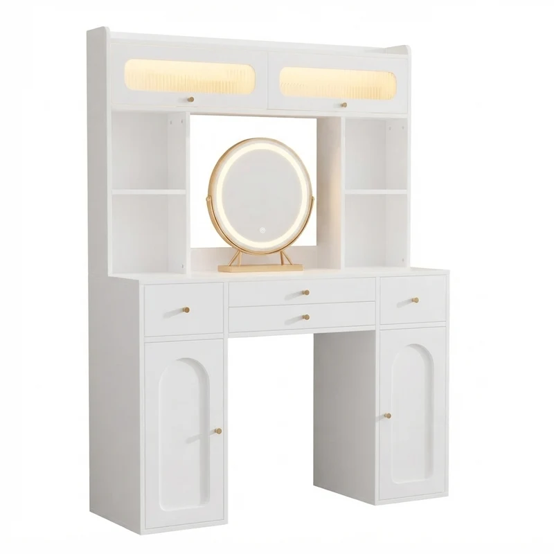Coiffeuse blanche moderne avec miroir rond LED Bluetooth, 4 tiroirs et portes en verre MINIMALISTLINENMAX