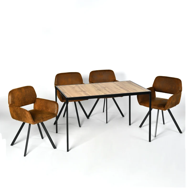 Ensemble de table et 4 chaises de salle à manger pivotantes style industriel et effet bois MILLIKEN 120 DARK + CALIFORNIA KD SUEDE BROWN SWIVEL*2