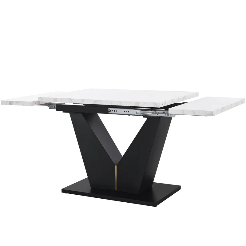 Table à manger extensible effet marbre blanc et pieds en métal noir en V (99-159 cm) LAMP WORK