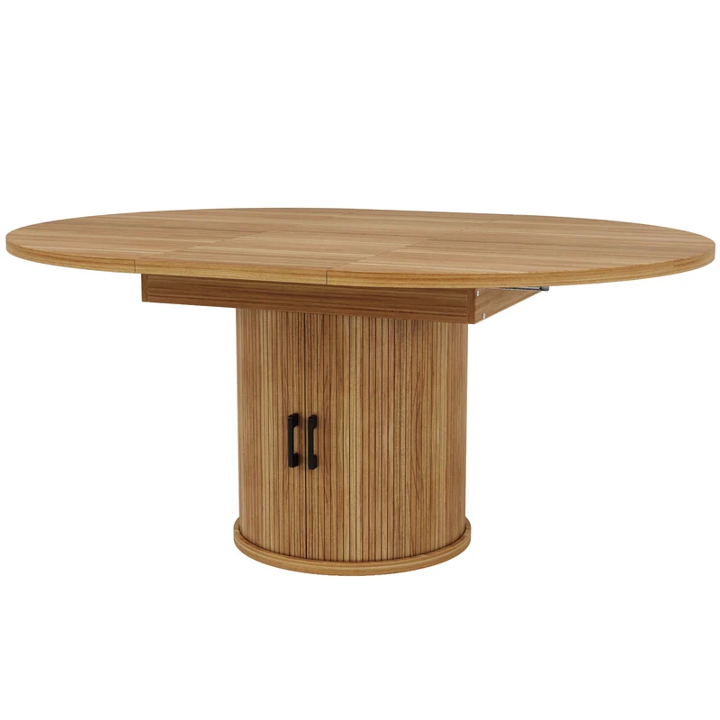 Table à manger extensible (118-158 cm) ronde effet bois et pieds avec rangement intégré (6 personnes) LAMP RATTAN