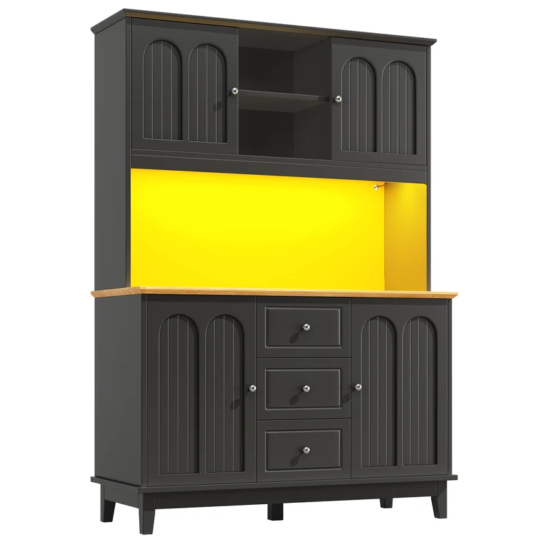 Vaisselier de cuisine noir arché avec LED connectée, 4 portes et 3 tiroirs LAMP MAX