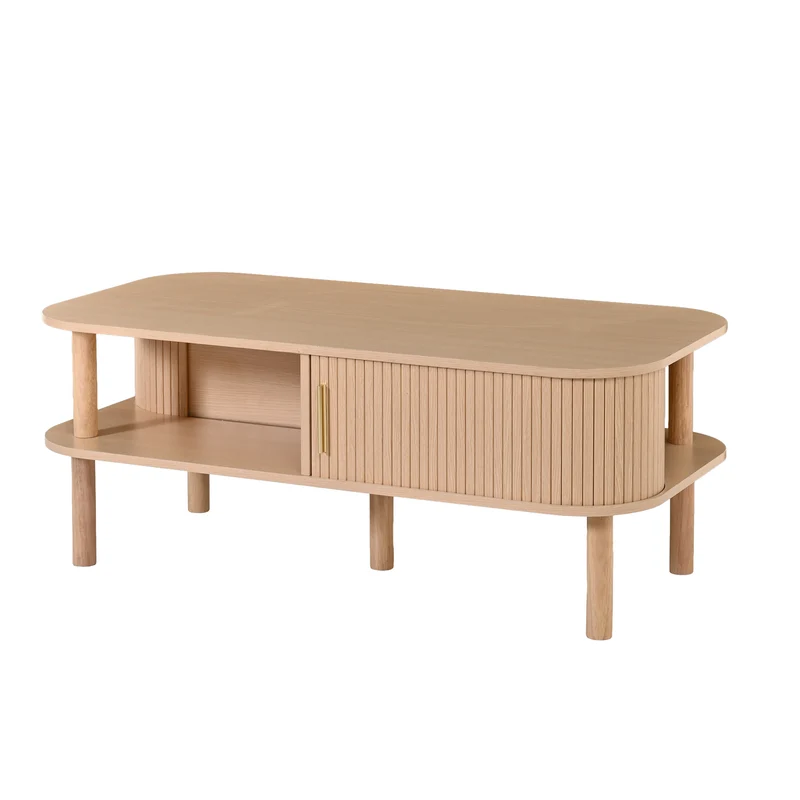 Table basse effet bois clair avec rangement ouvert 2 portes coulissantes, ornée de détails dorés 110x55x45 cm, ITALIAN CURTAIN