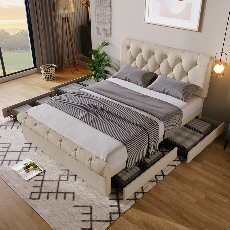 Lit double 140x200cm avec 4 tiroirs, tête de lit réglable, style Chesterfield, bois & métal, naturel
