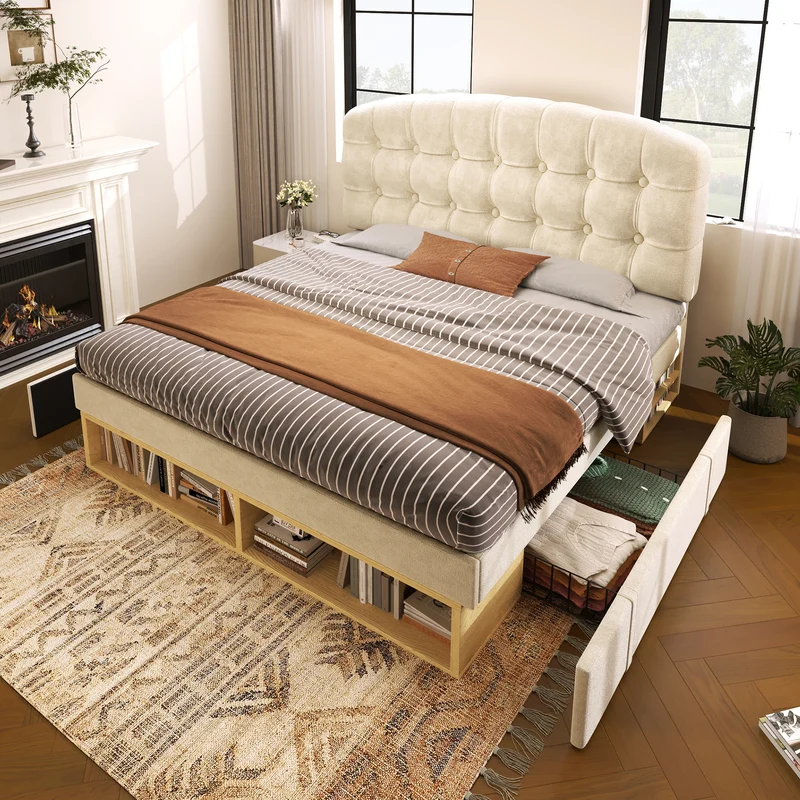 Lit double 140x200 en velours beige avec sommier, tête de lit réglable, tiroirs et rangements – Cadre de lit design sans matelas