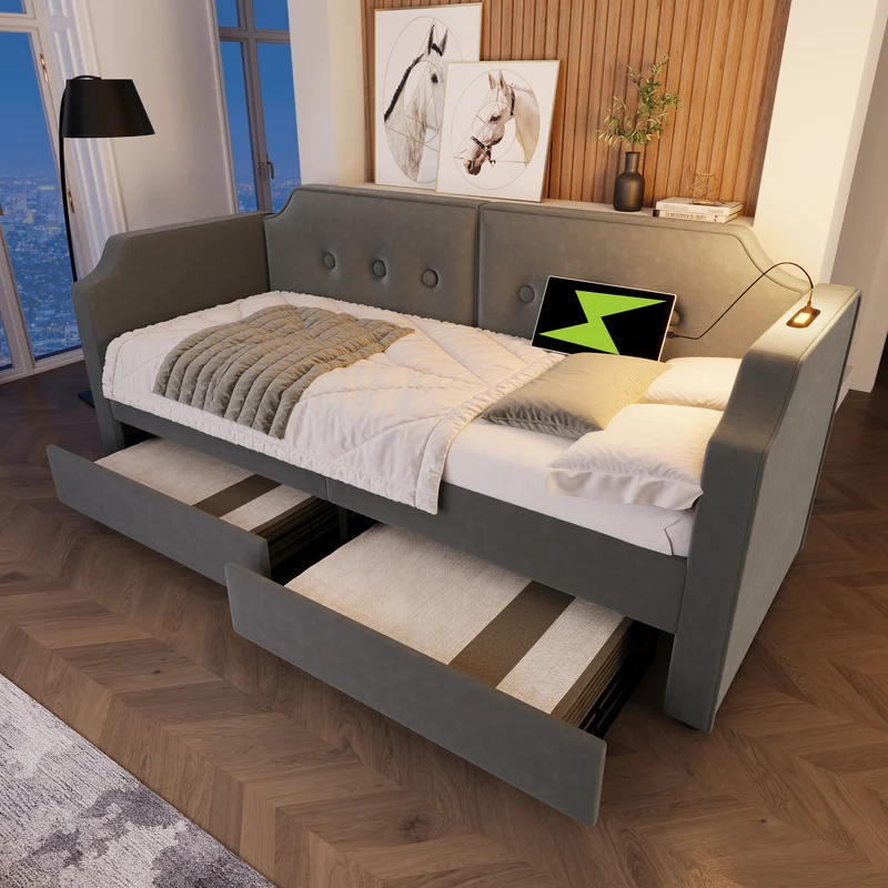 Lit banquette 90x200 cm velours gris avec USB Type-C, liseuse et 2 tiroirs – Cadre robuste, lit d’appoint ou enfant, sans matelas
