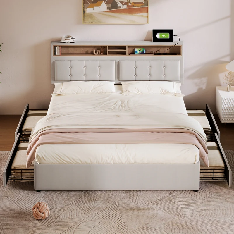 Lit double 140x200cm avec 4 tiroirs, tête de lit réglable, ports USB-C, tissu beige, sommier bois