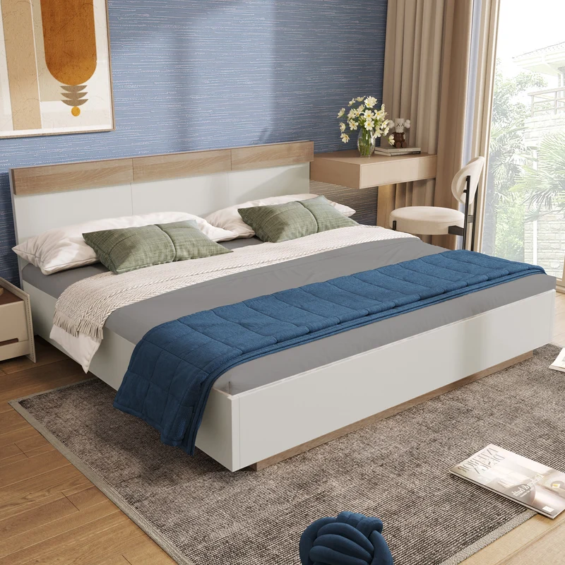 Lit double 160x200 cm bois chêne Sonoma/Blanc avec tête de lit flottante, cadre & sommier inclus, style moderne