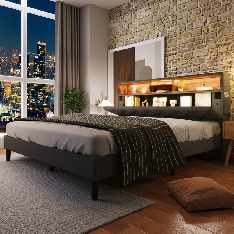 Lit double 140x200 cm avec rangement, tête de lit LED, bois massif, gris, style moderne