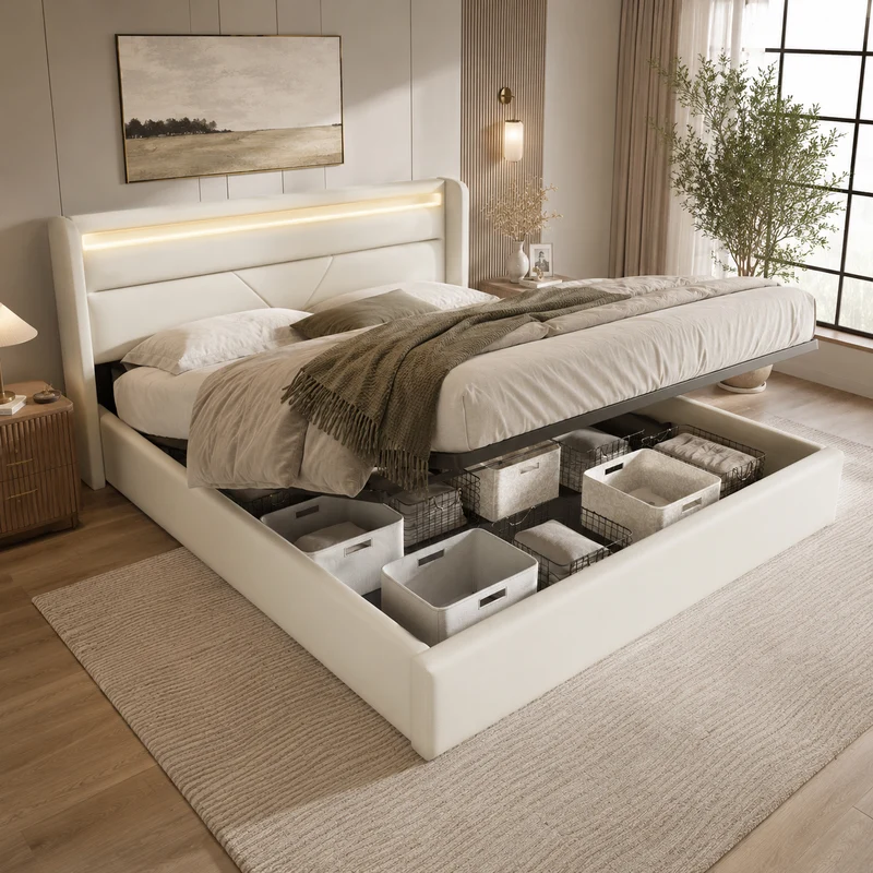 Lit coffre hydraulique 160x200cm blanc PU avec LED et télécommande, design moderne, grand espace de rangement