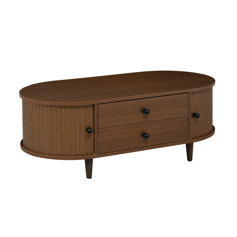 Table basse effet noyer avec portes coulissantes et tiroirs 100x50x36cm LAMP LITE