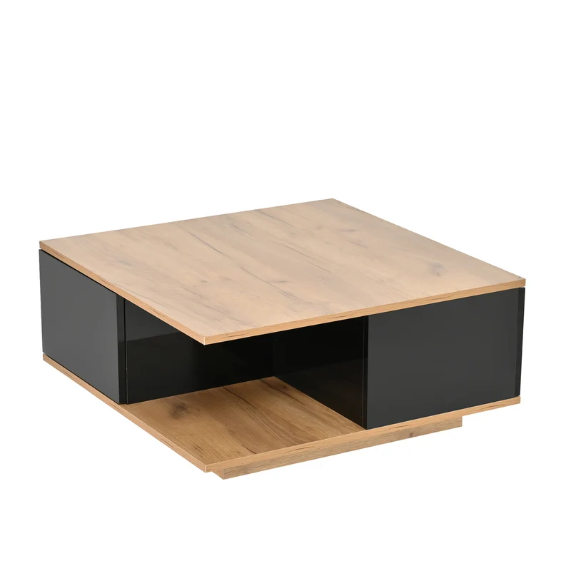 Table basse carrée effet bois et noir laqué avec 3 tiroirs 70x70x31,5cm ITALIAN METAL ELITE