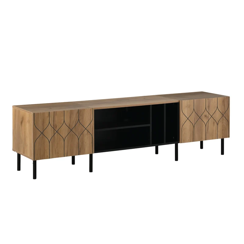 Meuble TV effet bois et noir avec portes à motifs géométriques 180x40x50cm ITALIAN GOLD LINE