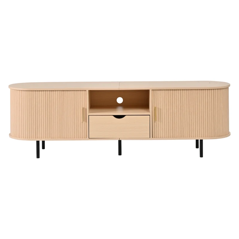 Meuble TV ovale effet bois clair 2 portes coulissantes tiroir et niche détails dorés ITALIAN FRAME