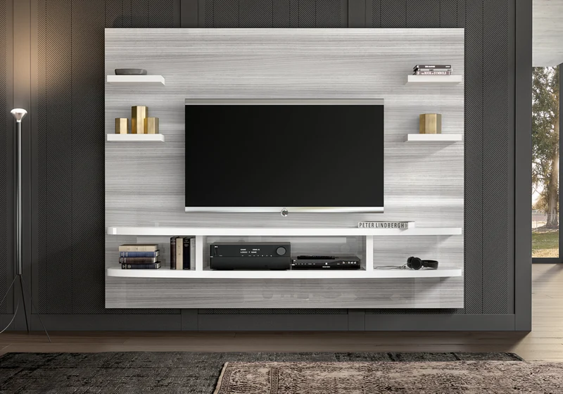 Meuble TV mural gris argent et blanc design - Mia