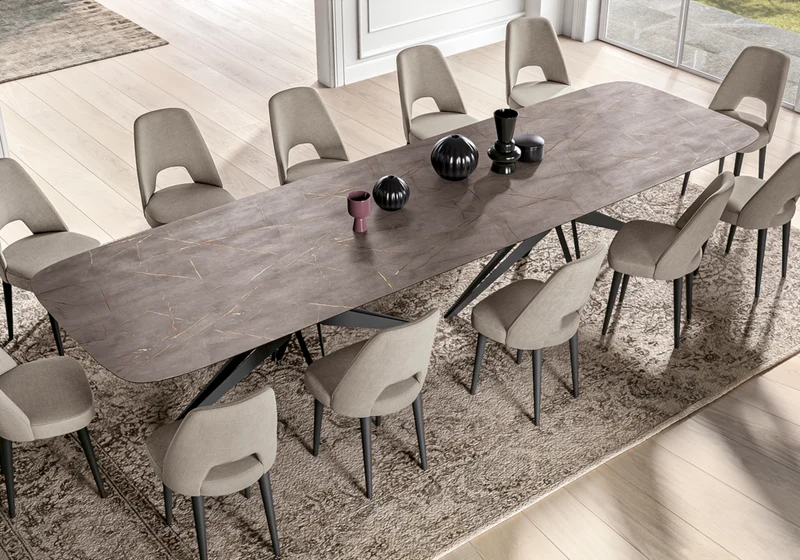 Grande table de réception et 12 chaises marbre - Hexagon