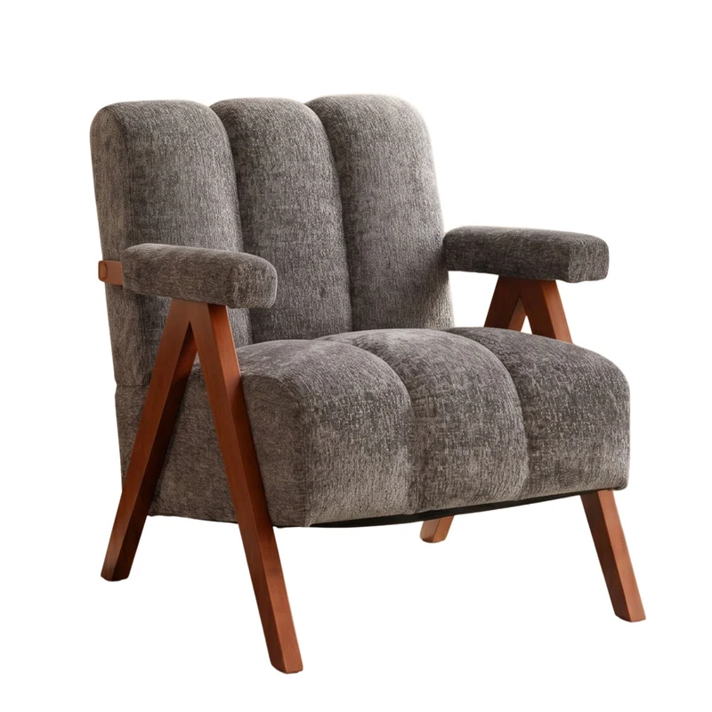Fauteuil rétro en tissu bouclé gris avec pieds en chêne massif ITALIAN VANITY