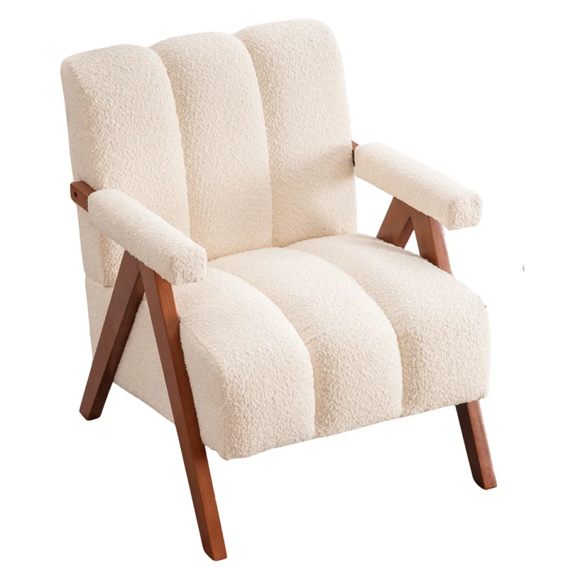 Fauteuil rétro en tissu bouclé beige avec pieds en chêne massif ITALIAN TABLE