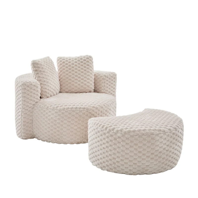 Fauteuil géant beige en fausse fourrure avec pouf assorti en demi-lune FLOATING GOLD PLUS