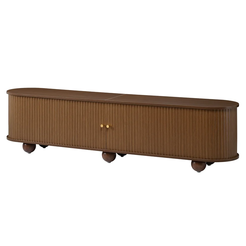Meuble TV ovale effet bois clair 4 portes au design ondulé 3D, accents dorés et pieds boules FLOATING BASKET