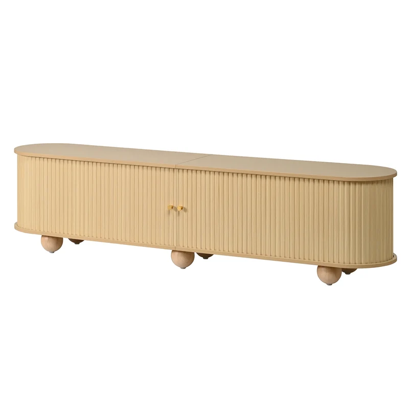 Meuble TV ovale effet bois clair 4 portes au design ondulé 3D, accents dorés et pieds boules FLOATING CART