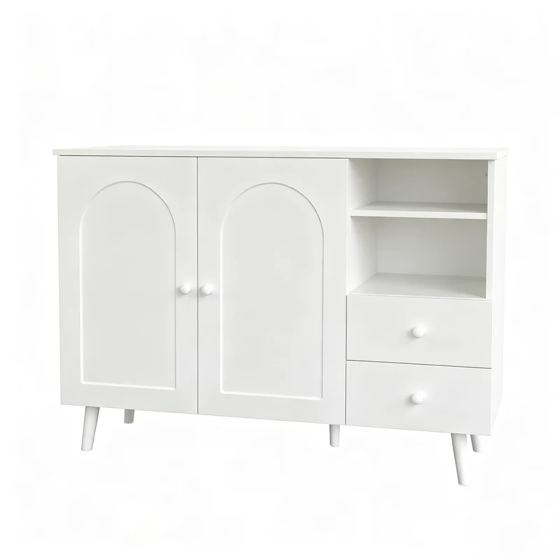 Buffet blanc 2 portes design courbées, poignées et pieds en bois massif, 2 tiroirs et niches FLOATING CONCRETE MAX