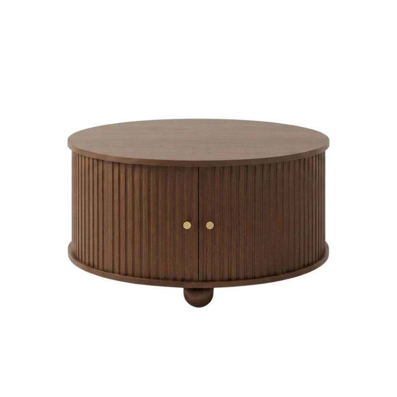 Table basse ronde effet bois noyer style rétro 2 portes coulissantes à latte poignées dorées 72x72x38cm FLEX WICKER PRIME