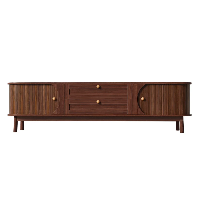 Meuble TV effet bois noyer style vintage 2 tiroirs et portes coulissantes 170cm VIGOURUM