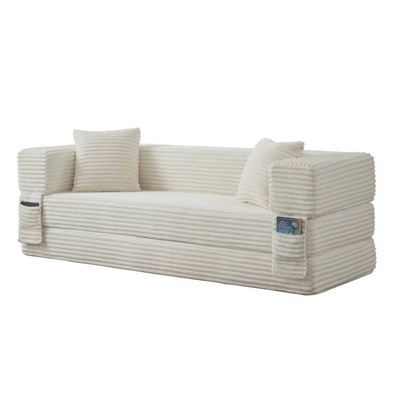 Canapé 3 places modulable sans armature, convertible en lit, velours blanc, style tatami 200x76x60cm NEXUSVORN