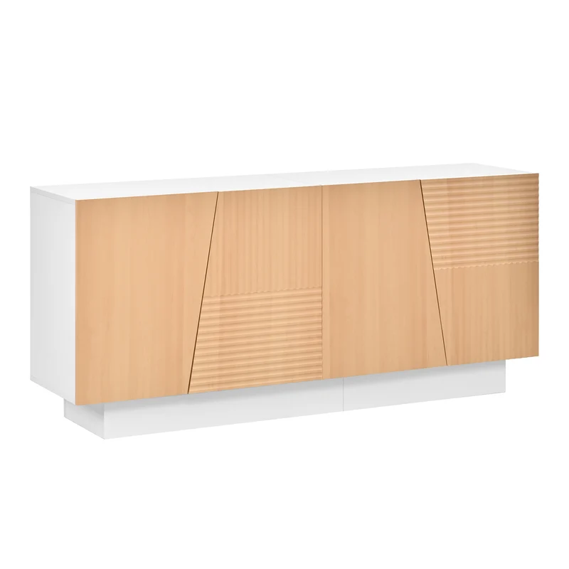 Buffet blanc et effet bois 4 portes asymétriques motifs rainures 160x40,5x72cm FABRIC TRAY