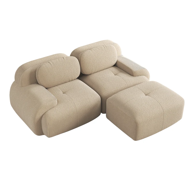 Canapé d'angle modulable en velours côtelé beige avec pouf et accoudoirs courbés, sans montage FLEX CLOCK