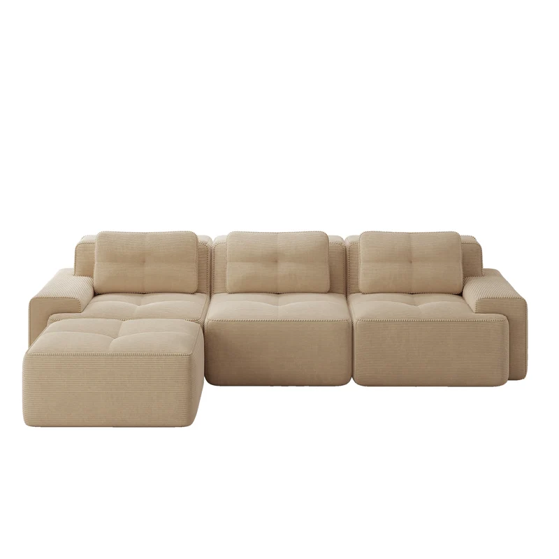 Canapé d'angle modulable 3 places capitonné en velours côtelé beige sans montage FABRIC ORGANIZER