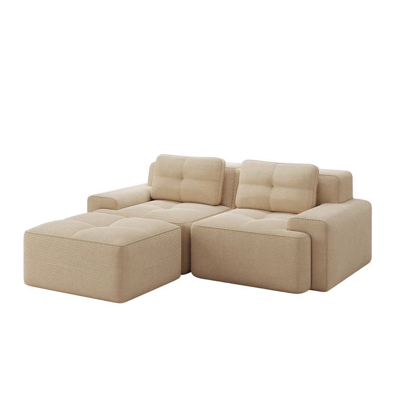 Canapé d'angle 2 places modulable en velours côtelé beige avec pouf, sans montage FABRIC PANEL