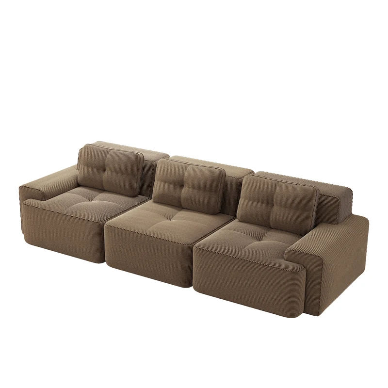 Canapé modulable 3 places capitonné en velours côtelé marron, sans montage FABRIC SOFA