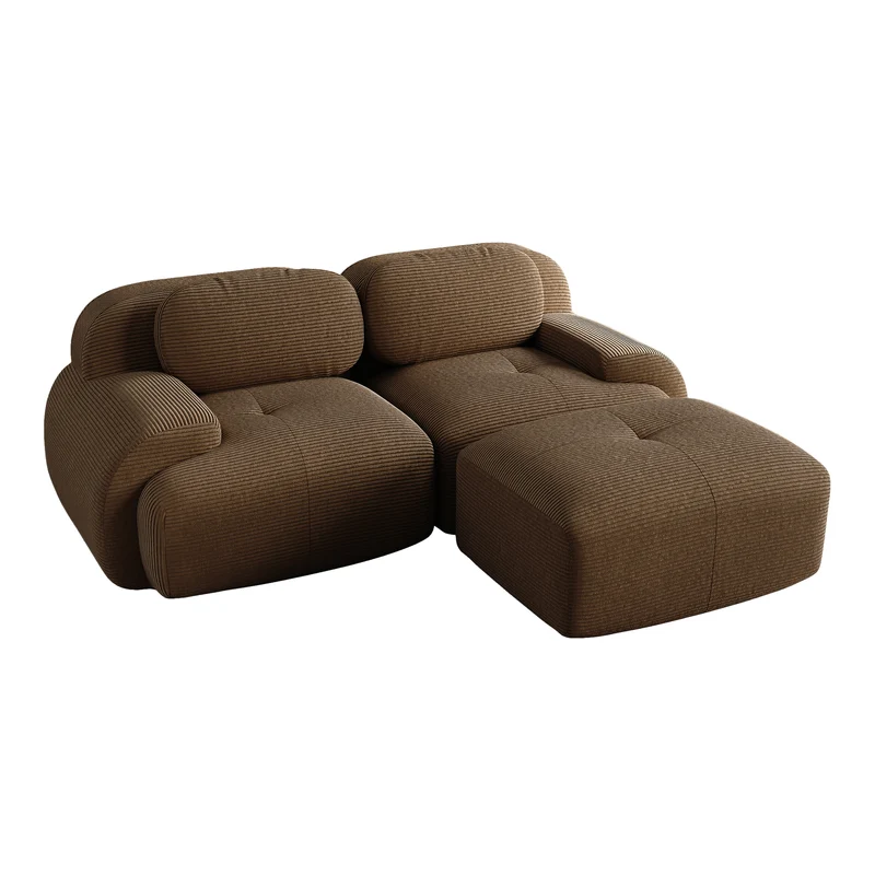 Canapé d'angle modulable en velours côtelé marron avec pouf et accoudoirs courbés, sans montage FLEX CEILING