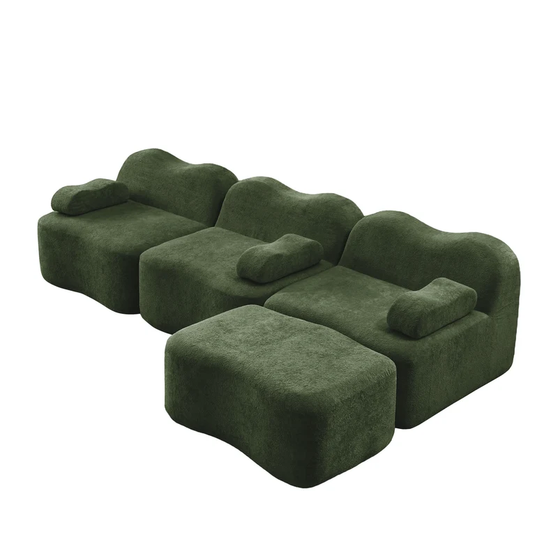 Canapé d'angle modulaire 3 places en velours vert avec pouf, forme vague, assise profonde, sans montage ELEGANT VASE ART