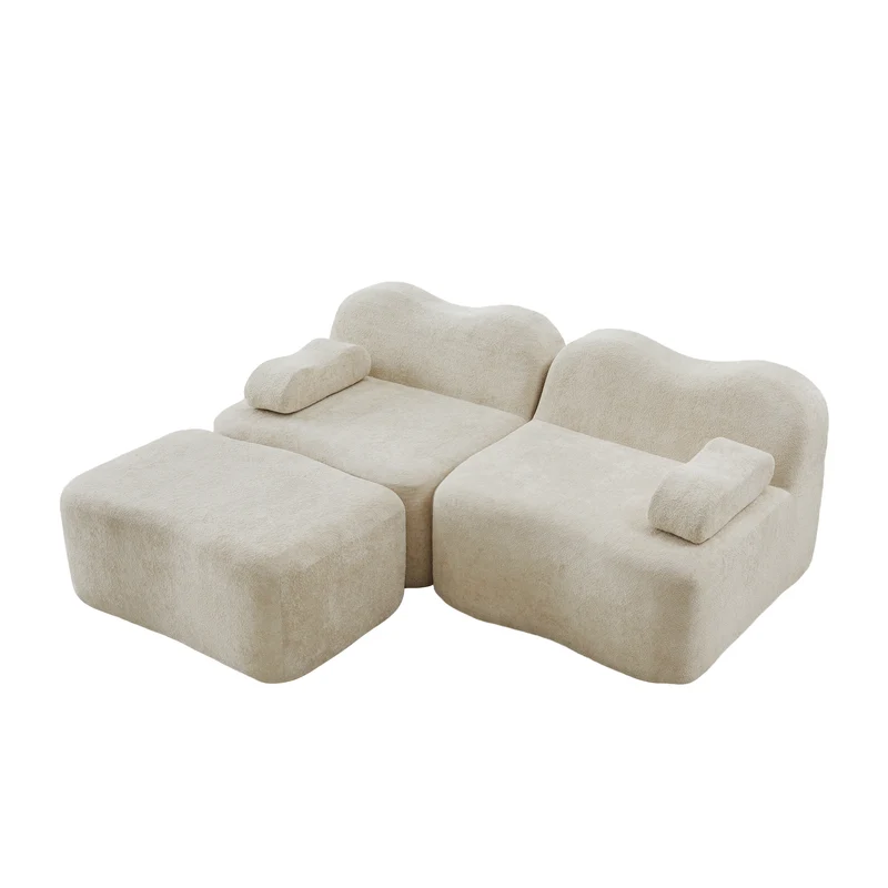Canapé d'angle modulaire 2 places en velours beige avec pouf, forme vague, sans montage ELEGANT VANITY SET