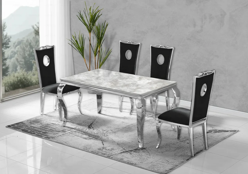 Ensemble table marbre beige et 4 chaises argent – Neo
