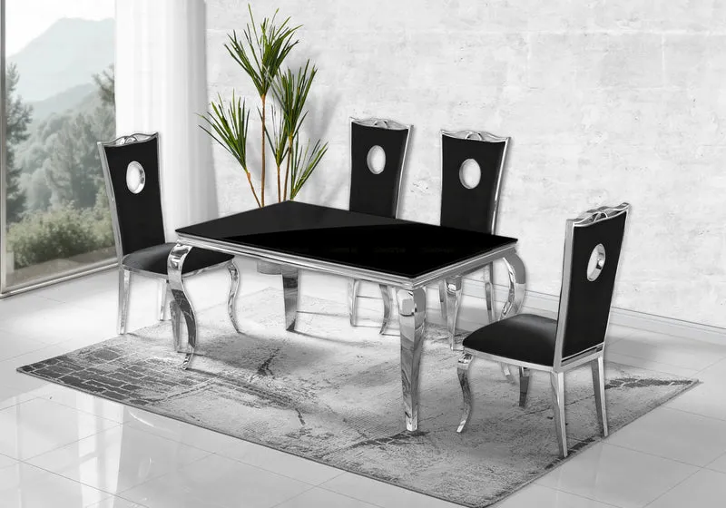 Ensemble table verre noir et 4 chaises argent – Neo