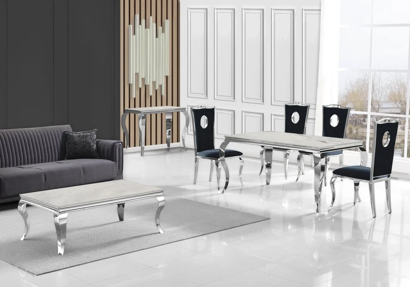 Salle à manger complète marbre noir argent – Neo