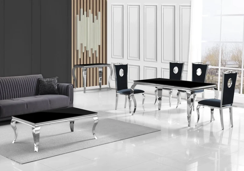 Salle à manger complète verre noir argent – Neo