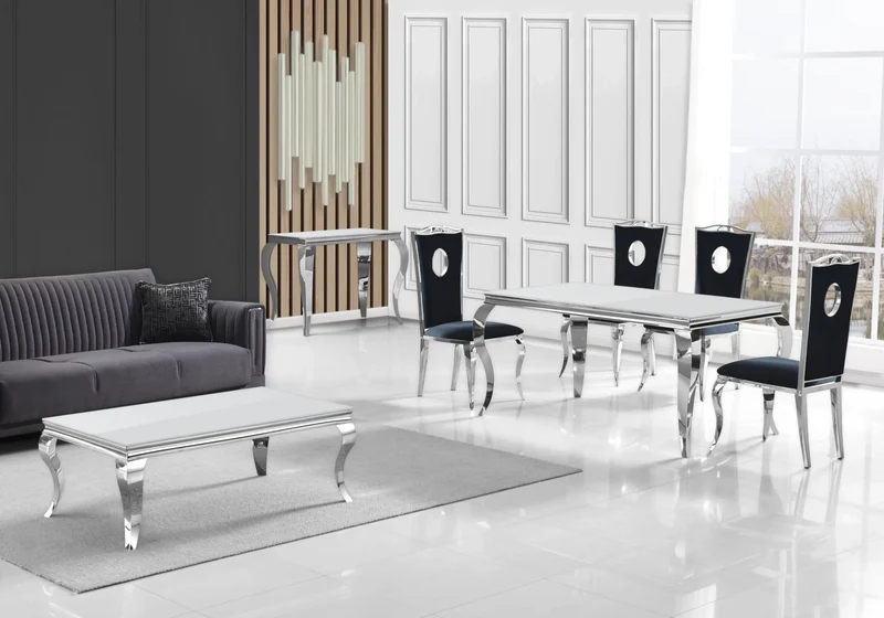 Salle à manger complète verre blanc argent – Neo