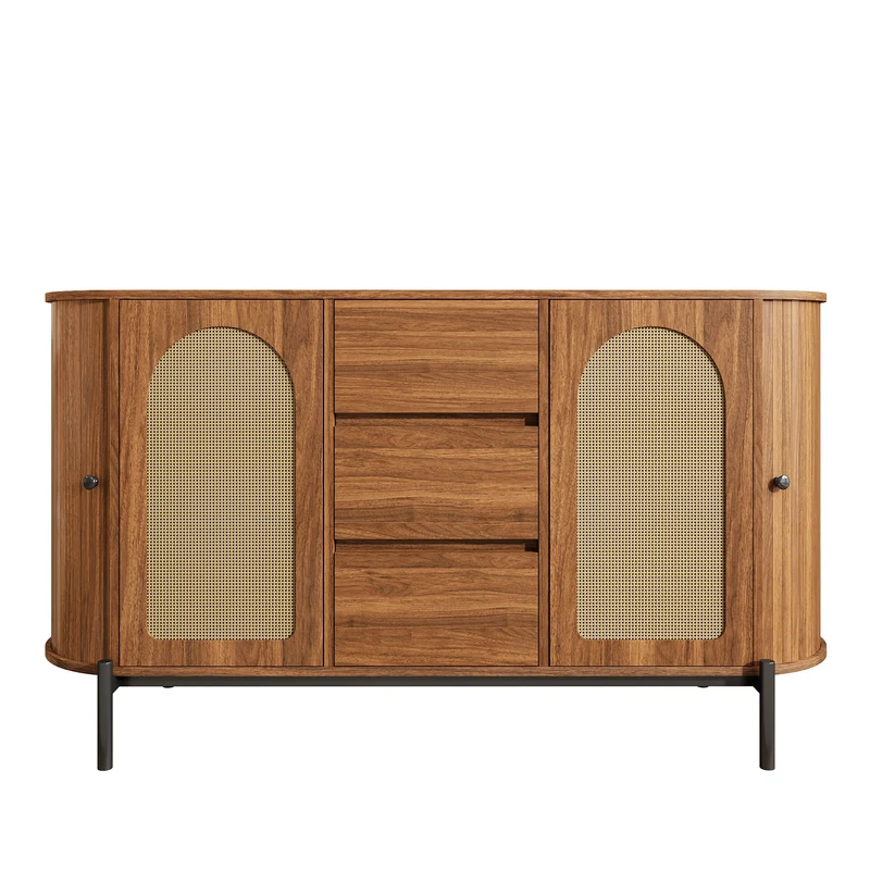 Buffet ovale effet bois noyer et rotin, pieds métal noir 140x38x77,5cm BIRCHOTTOMAN