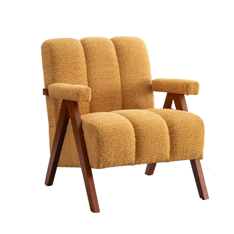 Fauteuil tissu bouclé jaune bois massif chêne accoudoirs 77x68,5x77cm BENCHPLUS