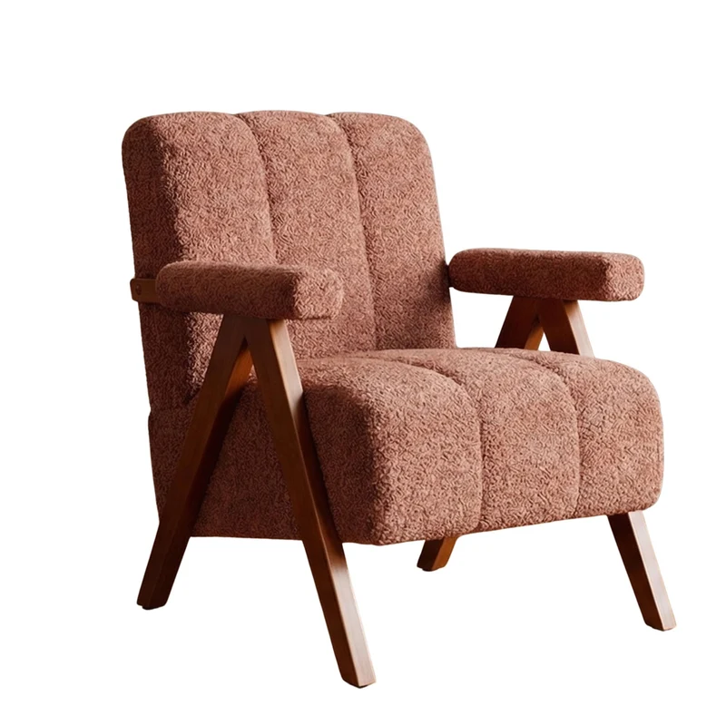 Fauteuil tissu bouclé rouge rouille bois massif chêne accoudoirs 77x68,5x77cm BENCHPLASTIC