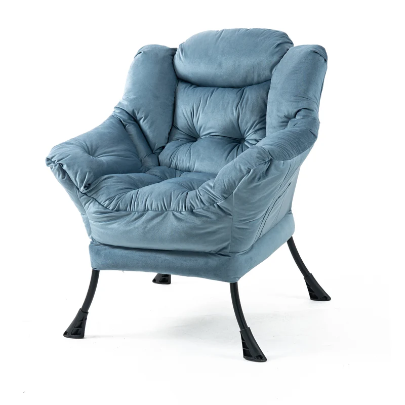Fauteuil rembouré tissu bleu clair en pieds métal poche latérale 75x80x85cm BOOKCASECONCRETE