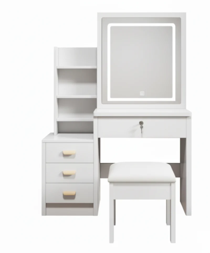 Coiffeuse blanche avec miroir LED à 3 couleurs, rangement latéral et 4 tiroirs, tabouret inclus SYMBIOSOM