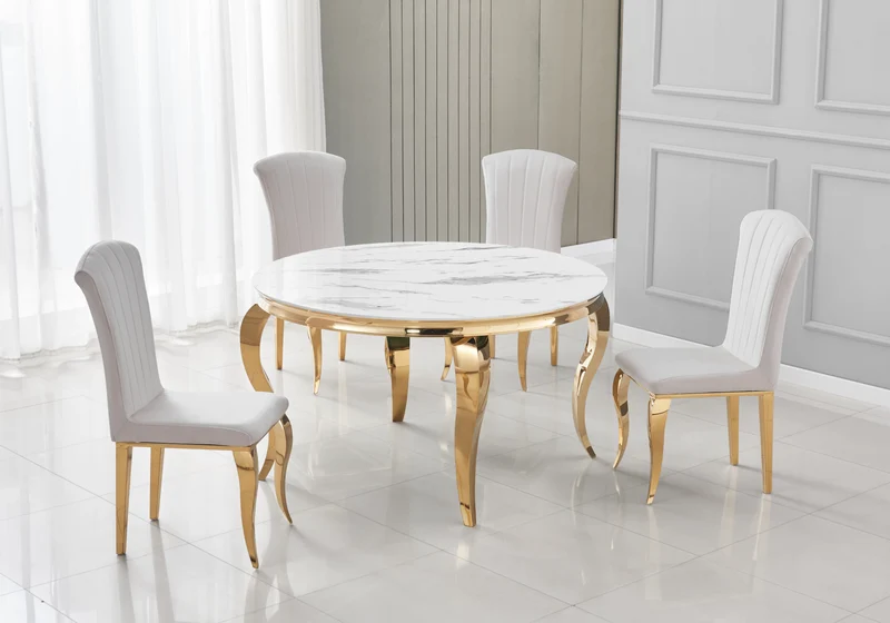 Table ronde marbre blanc et 4 chaises velours or – Neo